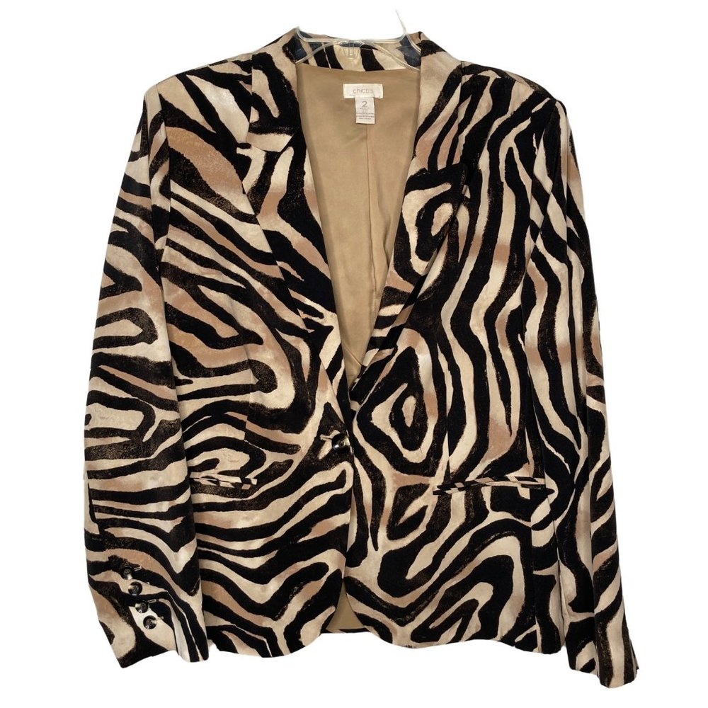 Chico's Zebra Print Blazer Black Beige Tan Size Large